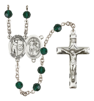 Sterling Silver 6mm Austrian Crystal Saint Sebastian / Golf Rosary in Emerald