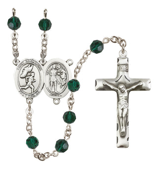 Sterling Silver 6mm Austrian Crystal Saint Sebastian /Track&Field-Men Rosary in Emerald