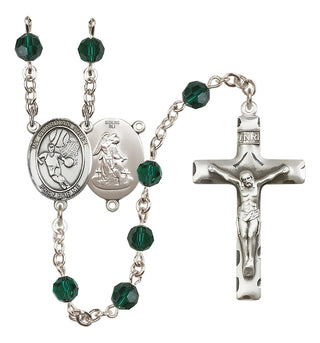 Sterling Silver 6mm Austrian Crystal Guardian Angel/Basketball Rosary in Emerald