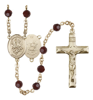 14 Karat Gold-Filled 6mm Austrian Crystal Saint George / Navy Rosary in Garnet
