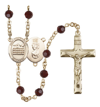 14 Karat Gold-Filled 6mm Austrian Crystal Saint Christopher/Swimming Rosary in Garnet