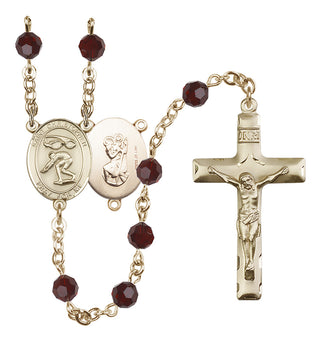 14 Karat Gold-Filled 6mm Austrian Crystal Saint Christopher/Swimming Rosary in Garnet