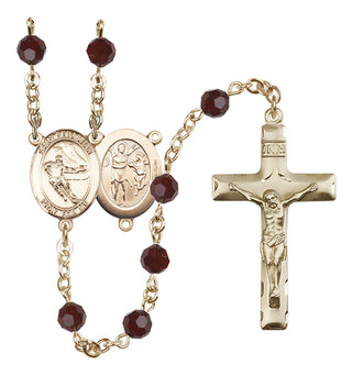 14 Karat Gold-Filled 6mm Austrian Crystal Saint Sebastian / Hockey Rosary in Garnet