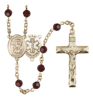 14 Karat Gold 6mm Austrian Crystal Saint Michael/1St Responder Rosary in Garnet