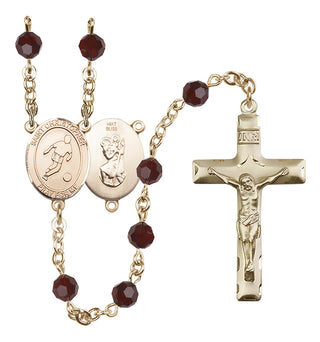 14 Karat Gold 6mm Austrian Crystal Saint Christopher/Soccer Rosary in Garnet