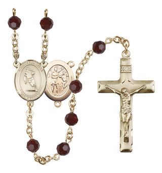 14 Karat Gold 6mm Austrian Crystal Saint Sebastian / Rugby Rosary in Garnet