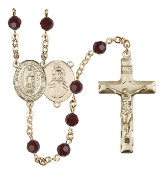 14 Karat Gold 6mm Austrian Crystal Virgen de Guadalupe Rosary in Garnet
