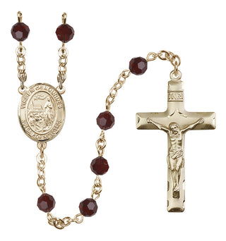 14 Karat Gold 6mm Austrian Crystal Virgen del Lourdes Rosary in Garnet