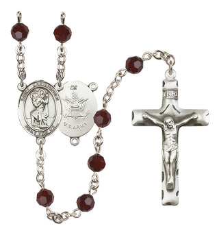 Sterling Silver 6mm Austrian Crystal Saint Christopher / Army Rosary in Garnet