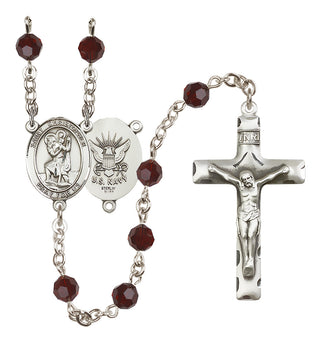 Sterling Silver 6mm Austrian Crystal Saint Christopher / Navy Rosary in Garnet