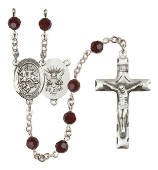 Sterling Silver 6mm Austrian Crystal Saint George / Navy Rosary in Garnet