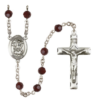 Sterling Silver 6mm Austrian Crystal Saint Michael the Archangel Rosary in Garnet