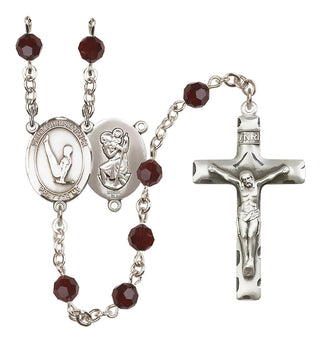 Sterling Silver 6mm Austrian Crystal Saint Christopher/Gymnastics Rosary in Garnet