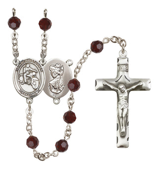 Sterling Silver 6mm Austrian Crystal Saint Christopher/Motorcycle Rosary in Garnet