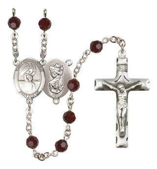 Sterling Silver 6mm Austrian Crystal Saint Christopher/Water Polo Men Rosary in Garnet