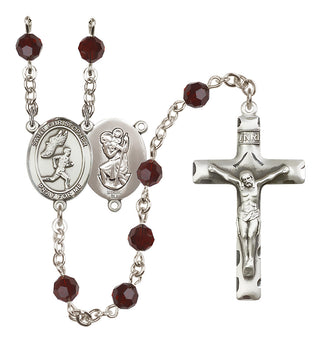 Sterling Silver 6mm Austrian Crystal Saint Christopher/Track&Field-Men Rosary in Garnet