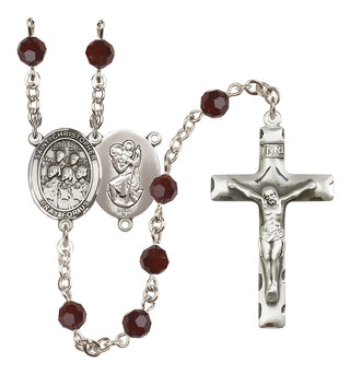 Sterling Silver 6mm Austrian Crystal Saint Christopher / Choir Rosary in Garnet