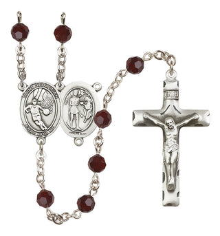 Sterling Silver 6mm Austrian Crystal Saint Sebastian/Basketball Rosary in Garnet