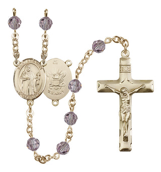 14 Karat Gold 6mm Austrian Crystal Saint Brendan the Navigator/Navy Rosary in Light Amethyst