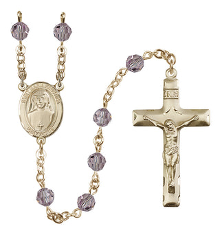 14 Karat Gold 6mm Austrian Crystal Saint Maria Faustina Rosary in Light Amethyst