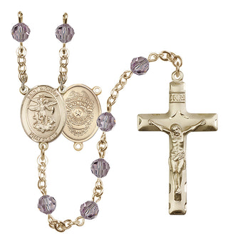14 Karat Gold 6mm Austrian Crystal Saint Michael the Archangel/Policeman Rosary in Light Amethyst