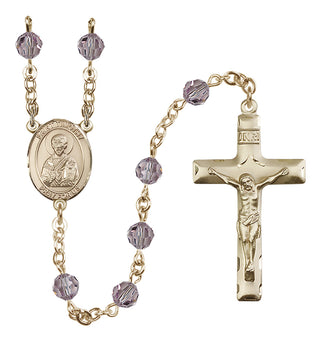 14 Karat Gold 6mm Austrian Crystal Saint Timothy Rosary in Light Amethyst