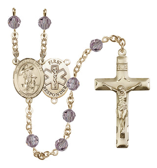 14 Karat Gold 6mm Austrian Crystal Guardian Angel/1st Responders Rosary in Light Amethyst