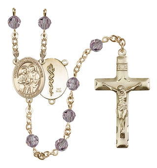 14 Karat Gold 6mm Austrian Crystal Saints Cosmas & Damian / Doctors Rosary in Light Amethyst
