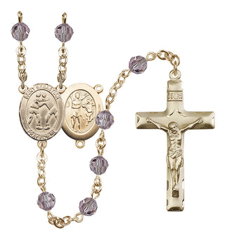 14 Karat Gold 6mm Austrian Crystal Saint Sebastian/Wrestling Rosary in Light Amethyst