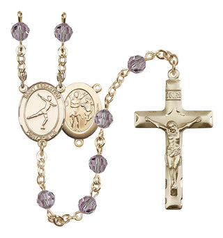 14 Karat Gold 6mm Austrian Crystal Saint Sebastian/Figure Skating Rosary in Light Amethyst