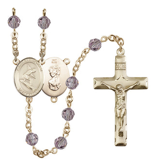 14 Karat Gold 6mm Austrian Crystal Saint Christopher/Surfing Rosary in Light Amethyst