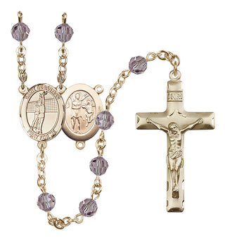 14 Karat Gold 6mm Austrian Crystal Saint Sebastian / Volleyball Rosary in Light Amethyst