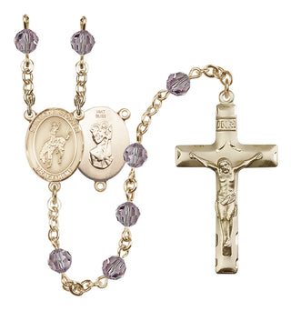 14 Karat Gold 6mm Austrian Crystal Saint Christopher / Rodeo Rosary in Light Amethyst