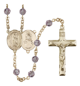 14 Karat Gold 6mm Austrian Crystal Our Lady of Guadalupe Rosary in Light Amethyst
