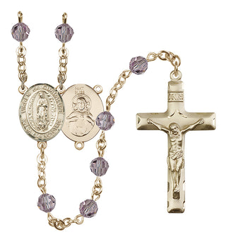 14 Karat Gold 6mm Austrian Crystal Virgen de Guadalupe Rosary in Light Amethyst