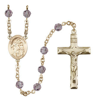 14 Karat Gold 6mm Austrian Crystal Guardian Angel w/Children Rosary in Light Amethyst