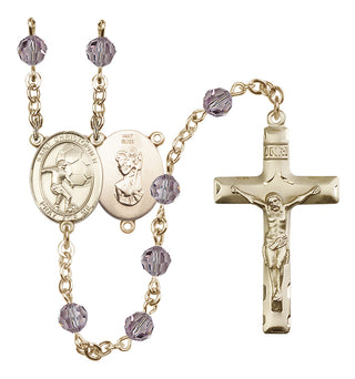 14 Karat Gold 6mm Austrian Crystal Saint Christopher/Soccer Rosary in Light Amethyst