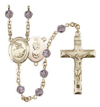 14 Karat Gold 6mm Austrian Crystal Saint Christopher/Gymnastics Rosary in Light Amethyst