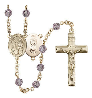 14 Karat Gold 6mm Austrian Crystal Saint Christopher / Karate Rosary in Light Amethyst