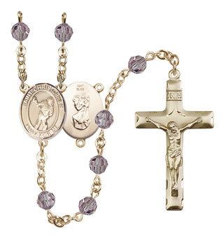 14 Karat Gold 6mm Austrian Crystal Saint Christopher/Lacrosse Rosary in Light Amethyst