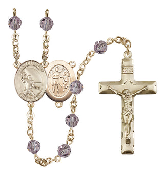 14 Karat Gold 6mm Austrian Crystal Saint Sebastian / Football Rosary in Light Amethyst