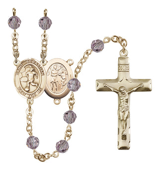 14 Karat Gold 6mm Austrian Crystal Saint Sebastian/Soccer-Women Rosary in Light Amethyst