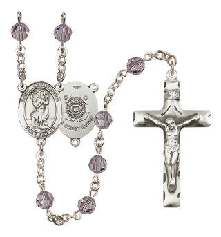 Sterling Silver 6mm Austrian Crystal Saint Christopher / Coast Guard Rosary in Light Amethyst