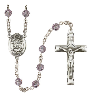 Sterling Silver 6mm Austrian Crystal Saint Michael the Archangel Rosary in Light Amethyst
