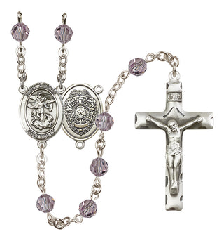 Sterling Silver 6mm Austrian Crystal Saint Michael the Archangel/Policeman Rosary in Light Amethyst