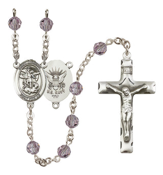 Sterling Silver 6mm Austrian Crystal Saint Michael / Navy Rosary in Light Amethyst