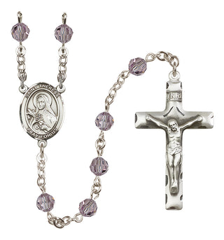 Sterling Silver 6mm Austrian Crystal Saint Theresa Rosary in Light Amethyst