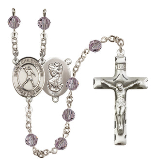 Sterling Silver 6mm Austrian Crystal Saint Christopher/Football Rosary in Light Amethyst