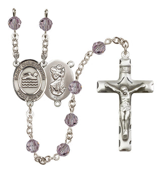 Sterling Silver 6mm Austrian Crystal Saint Christopher/Swimming Rosary in Light Amethyst