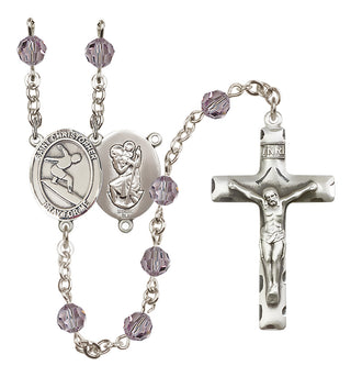 Sterling Silver 6mm Austrian Crystal Saint Christopher/Surfing Rosary in Light Amethyst